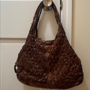 LANGELLOTTI designer Brown Genuine Leather Woven Shoulder Bag